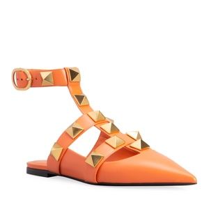 NIB $1100 VALENTINO Roman Stud Ankle-cuff Leather Ballerinas In Orange Zest 37.5